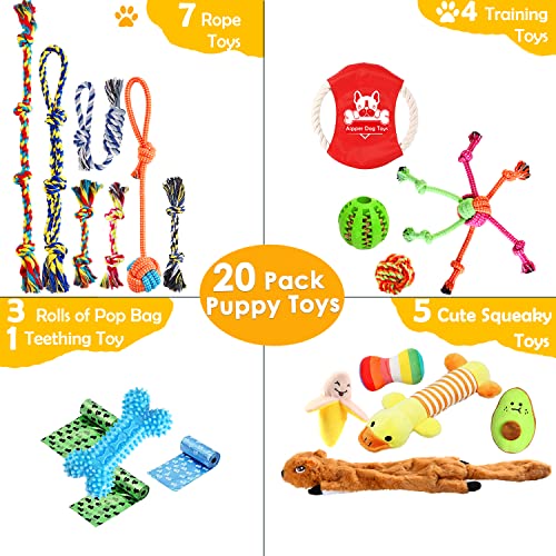 Aipper Dog Puppy Toys 20 Pack, Puppy Chew Toys for Fun and Teeth Cleaning, Plush Squeaky Toys, Dog Treat Dispenser Ball, Tug of War Toys, Puppy Teething Toys, Dog Rope Toys for Medium to Small Dogs