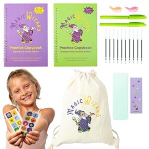 magic practice copybook for kids ages 3-6- handwriting practice for kids reusable tracing groovebook for kindergarten, preschoolers- letter writing, drawing (2 books with pens, stickers, knapsack)