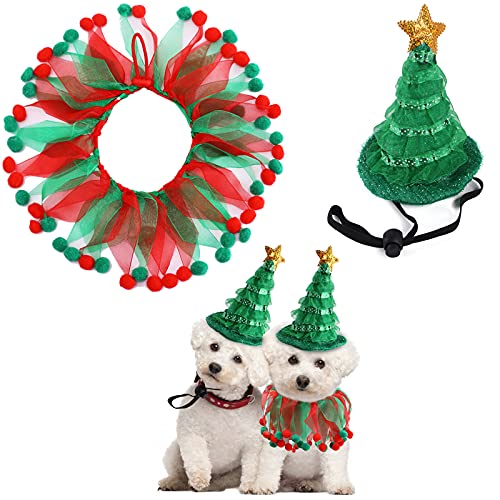 Christmas Dog Collar Hat Cat Costume 1 PCS Red Green Collar with 1 PCS Green Santa Hat Xmas Tree Headdress for Christmas Pet Decoration Holiday Dress