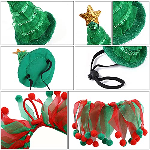 Christmas Dog Collar Hat Cat Costume 1 PCS Red Green Collar with 1 PCS Green Santa Hat Xmas Tree Headdress for Christmas Pet Decoration Holiday Dress