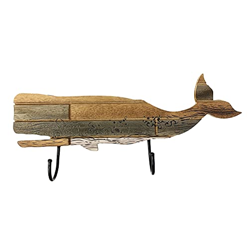 Rustic Wooden Nautical Hanging Whale Wall Hook, Distressed Storage Wall Rack Indoor Beach Themed Decorative Wall Hanger 16''L