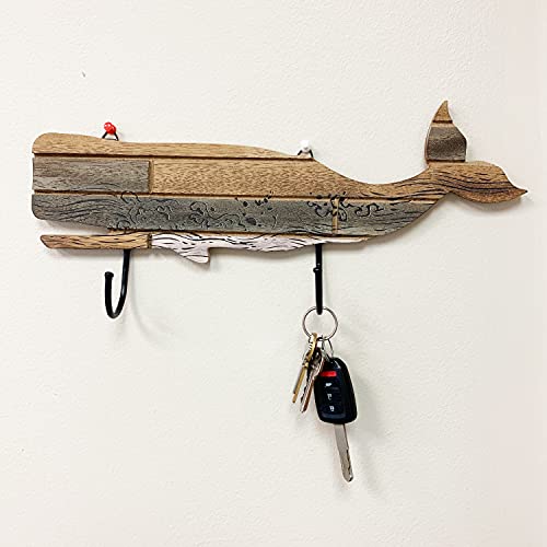 Rustic Wooden Nautical Hanging Whale Wall Hook, Distressed Storage Wall Rack Indoor Beach Themed Decorative Wall Hanger 16''L