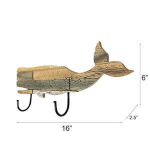 Rustic Wooden Nautical Hanging Whale Wall Hook, Distressed Storage Wall Rack Indoor Beach Themed Decorative Wall Hanger 16''L