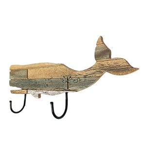 Rustic Wooden Nautical Hanging Whale Wall Hook, Distressed Storage Wall Rack Indoor Beach Themed Decorative Wall Hanger 16''L