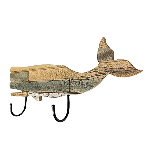Rustic Wooden Nautical Hanging Whale Wall Hook, Distressed Storage Wall Rack Indoor Beach Themed Decorative Wall Hanger 16''L