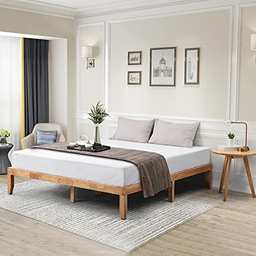 wonline Wood Platform Bed Frame Solid Wood Foundation No Box Spring Needed Wooden Slat Support Oak Wood Natural Finish Home Bedroom Furniture Platform Base