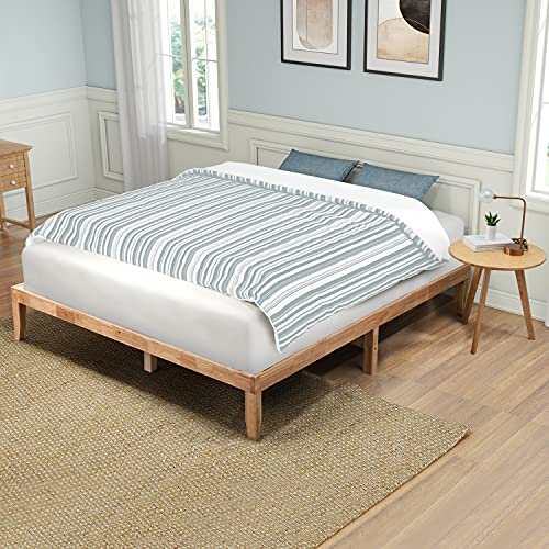 wonline Wood Platform Bed Frame Solid Wood Foundation No Box Spring Needed Wooden Slat Support Oak Wood Natural Finish Home Bedroom Furniture Platform Base