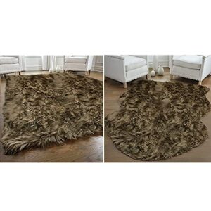 gorilla grip faux fur rectangle area rug and faux fur sheepskin area rug, both in brown color, both in size 5x7, 2 item bundle