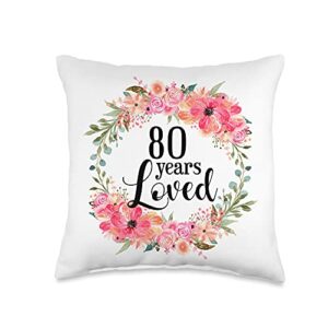 floral 90 years loved mom grandma birthday gift floral loved 80 year old grandma 80th birthday gift throw pillow, 16x16, multicolor