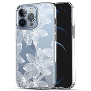 ranz iphone 13 pro max case, anti-scratch shockproof series clear hard pc+ tpu bumper protective cover case for iphone 13 pro max (6.7") - white flower