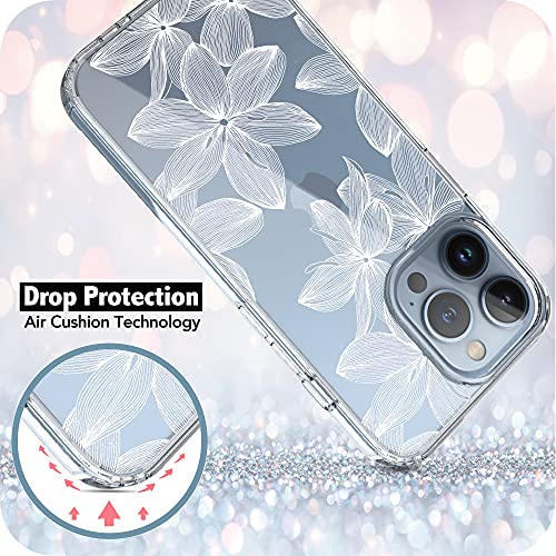 RANZ iPhone 13 Pro Max Case, Anti-Scratch Shockproof Series Clear Hard PC+ TPU Bumper Protective Cover Case for iPhone 13 Pro Max (6.7") - White Flower