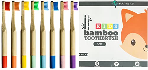 EcoFrenzy - Kids Bamboo Toothbrush - Child Size Soft BPA Free Color Safe Bristles (8 Pack)