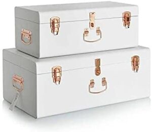 metal storage trunk set of 2 - vintage style white decorative box with rose gold handles & locks - space saving storage chest with lid for bedding, towels & clothes - decorative boxes for home decor & office use