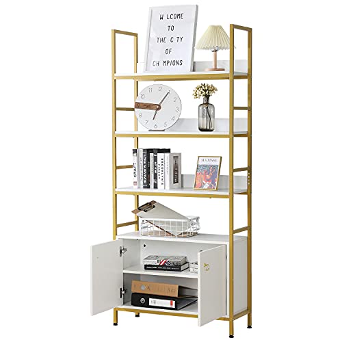 MELLCOM Golden Bookcase, 4 + 2 Tier Bookshelf with 2 Pull-Out Storage Cabinet Bohemian Style 71’’ Modern Bookshelves with 4 Adjustable Foot Pad Easy Assembled for Home, Office