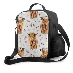 longchuang spring pink floral scottish highland cow lunch bag, insulated lunch box for kids, durable lunchbox, tough and spacious lunch bag, waterproof lunch container for kids adults, one size