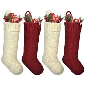 rosforu knit christmas stockings, 4 pack large size candy gift bag personalized decoration weave xmas socks, classic style（2pcs ivory white+ 2pcs burgundy）