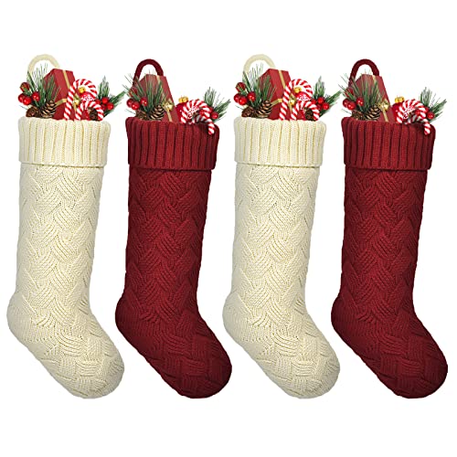 ROSFORU Knit Christmas Stockings, 4 Pack Large Size Candy Gift Bag Personalized Decoration Weave Xmas Socks, Classic Style（2Pcs Ivory White+ 2Pcs Burgundy）