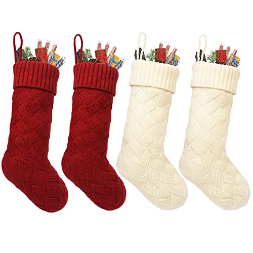 ROSFORU Knit Christmas Stockings, 4 Pack Large Size Candy Gift Bag Personalized Decoration Weave Xmas Socks, Classic Style（2Pcs Ivory White+ 2Pcs Burgundy）
