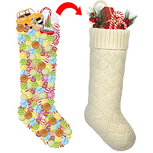 ROSFORU Knit Christmas Stockings, 4 Pack Large Size Candy Gift Bag Personalized Decoration Weave Xmas Socks, Classic Style（2Pcs Ivory White+ 2Pcs Burgundy）