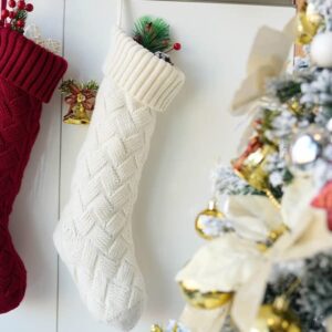 ROSFORU Knit Christmas Stockings, 4 Pack Large Size Candy Gift Bag Personalized Decoration Weave Xmas Socks, Classic Style（2Pcs Ivory White+ 2Pcs Burgundy）