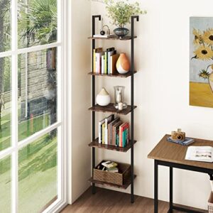 Tajsoon Industrial Bookcase, Ladder Shelf, 5-Tier Wood Wall Mounted Bookshelf with Stable Metal Frame, Open Display Rack, Storage Shelves for Bedroom,Home Office,Collection,Plant Flower, Rustic Brown