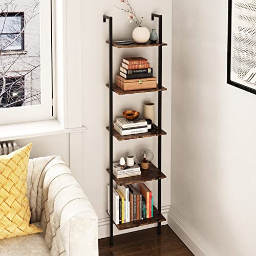 Tajsoon Industrial Bookcase, Ladder Shelf, 5-Tier Wood Wall Mounted Bookshelf with Stable Metal Frame, Open Display Rack, Storage Shelves for Bedroom,Home Office,Collection,Plant Flower, Rustic Brown