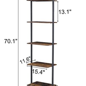 Tajsoon Industrial Bookcase, Ladder Shelf, 5-Tier Wood Wall Mounted Bookshelf with Stable Metal Frame, Open Display Rack, Storage Shelves for Bedroom,Home Office,Collection,Plant Flower, Rustic Brown