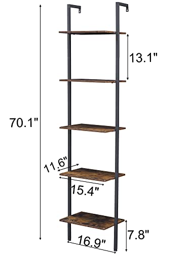 Tajsoon Industrial Bookcase, Ladder Shelf, 5-Tier Wood Wall Mounted Bookshelf with Stable Metal Frame, Open Display Rack, Storage Shelves for Bedroom,Home Office,Collection,Plant Flower, Rustic Brown