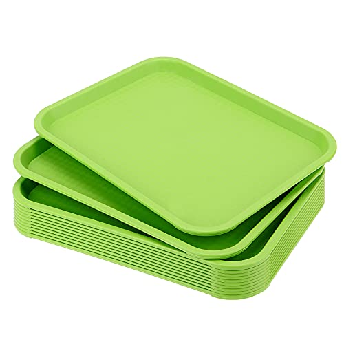 12 Pack Fast Food Serving Tray, 10 x 14 Inch Rectangle Fast Food Cafeteria Service Tray, Plastic Tray for Cafe, Food, Cafeteria, Green