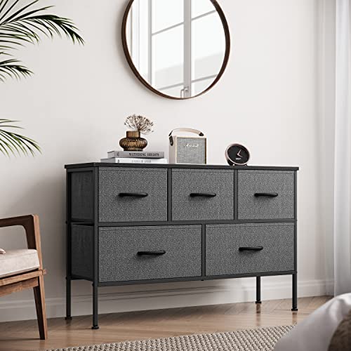 LINSY HOME 5 Drawer Dresser Long Wide Chest of Drawers Nightstand with Wood Top Rustic Storage Tower Storage Dresser Closet for Living Room, Bedroom, Hallway, Nursery, Kid