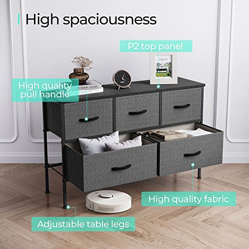 LINSY HOME 5 Drawer Dresser Long Wide Chest of Drawers Nightstand with Wood Top Rustic Storage Tower Storage Dresser Closet for Living Room, Bedroom, Hallway, Nursery, Kid