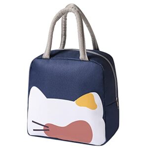 mziart cute lunch bags for women, cartoon thermal lunch tote bag lunch box containers cooler for adult boys girls school picnic travel (navy blue cat)