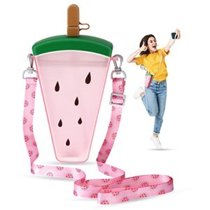 plastic water bottle watermelon pitaya shape water bottle with straw reusable portable drinking bottle leak proof water bottle with adjustable shoulder strap for outdoor activities (watermelon)