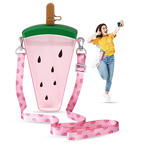 Plastic Water Bottle Watermelon Pitaya Shape Water Bottle with Straw Reusable Portable Drinking Bottle Leak Proof Water Bottle with Adjustable Shoulder Strap for Outdoor Activities (Watermelon)