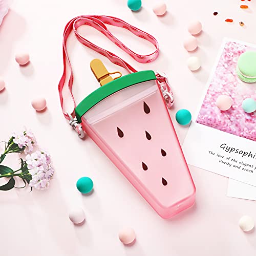 Plastic Water Bottle Watermelon Pitaya Shape Water Bottle with Straw Reusable Portable Drinking Bottle Leak Proof Water Bottle with Adjustable Shoulder Strap for Outdoor Activities (Watermelon)