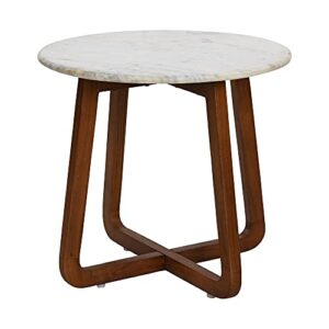 main + mesa modern boho round end table with genuine marble top and solid wood legs, white and walnut