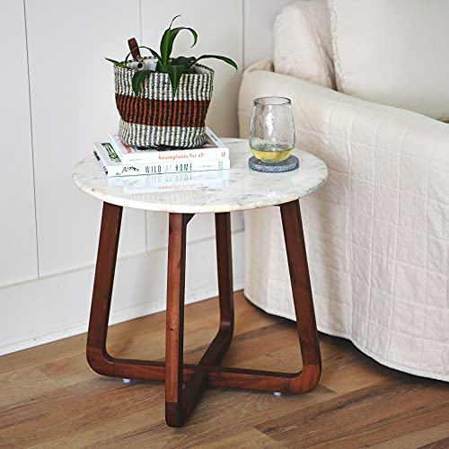 Main + Mesa Modern Boho Round End Table with Genuine Marble Top and Solid Wood Legs, White and Walnut