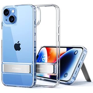 torras moonclimber for iphone 14 case for iphone 13 case, [3 stand ways] [non-yellowing & military grade shockproof] protective slim hard clear phone case with stand 6.1'' 2022, crystal clear
