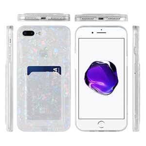 ZIYE Designed for iPhone 7 Plus Case with Card Holder for Women Girls iPhone 8 Plus Glitter Bling Shell TPU Protective Bumper ID Card Pocket with Screen Protector Ring Holder 5.5'' Colorful