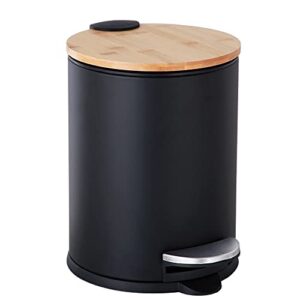 mini trash can with bamboo lid soft close and foot pedal, 0.8gal / 3l tiny round trash can with removable plastic inner wastebasket for bathroom, bedroom, powder room, office, desk, car, black