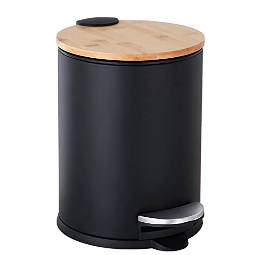 Mini Trash Can with Bamboo Lid Soft Close and Foot Pedal, 0.8Gal / 3L Tiny Round Trash Can with Removable Plastic Inner Wastebasket for Bathroom, Bedroom, Powder Room, Office, Desk, Car, Black