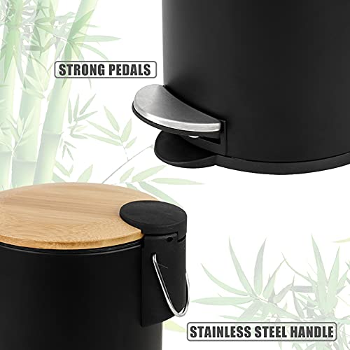 Mini Trash Can with Bamboo Lid Soft Close and Foot Pedal, 0.8Gal / 3L Tiny Round Trash Can with Removable Plastic Inner Wastebasket for Bathroom, Bedroom, Powder Room, Office, Desk, Car, Black