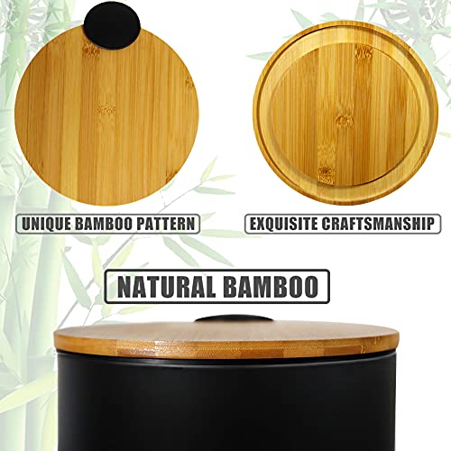 Mini Trash Can with Bamboo Lid Soft Close and Foot Pedal, 0.8Gal / 3L Tiny Round Trash Can with Removable Plastic Inner Wastebasket for Bathroom, Bedroom, Powder Room, Office, Desk, Car, Black