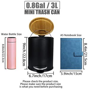 Mini Trash Can with Bamboo Lid Soft Close and Foot Pedal, 0.8Gal / 3L Tiny Round Trash Can with Removable Plastic Inner Wastebasket for Bathroom, Bedroom, Powder Room, Office, Desk, Car, Black