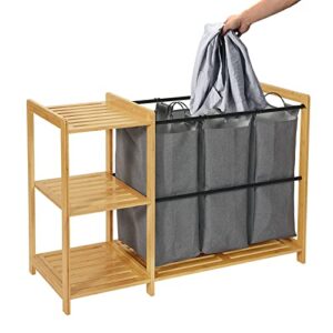 Bamboo Laundry Hamper with Shelves - Freestanding Laundry Hamper Basket Table with Removable Sliding Bags - Bamboo Storage Laundry Organizer Cabinet for Bedroom, Bathroom, Laundry Room