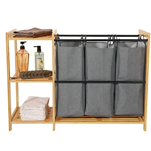 Bamboo Laundry Hamper with Shelves - Freestanding Laundry Hamper Basket Table with Removable Sliding Bags - Bamboo Storage Laundry Organizer Cabinet for Bedroom, Bathroom, Laundry Room