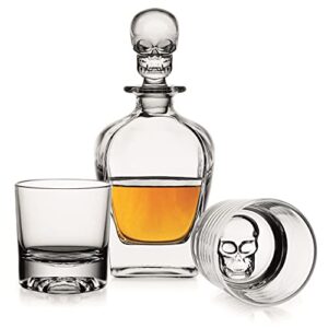 godinger skull whiskey decanter and old fashioned whiskey glasses, skulls liquor decanter barware set, halloween decor