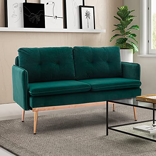 cjc Green Velvet Couch, Modern Loveseat Sofa, Mid Century Sofa Tufted Velvet Sofa Couch, Sofas Couches for Living Room, Apartment, Bedroom, Solid Wood Frame Legs, Easy Assembly