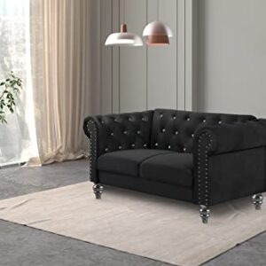 New Classic Furniture Glam Emma Velvet Two Seater Chesterfield Style Loveseat for Small Spaces with Crystal Button Tufts, Black