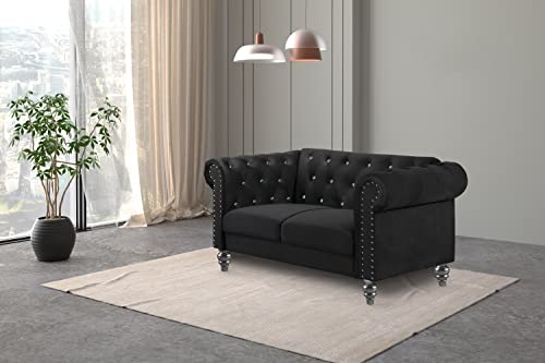 New Classic Furniture Glam Emma Velvet Two Seater Chesterfield Style Loveseat for Small Spaces with Crystal Button Tufts, Black